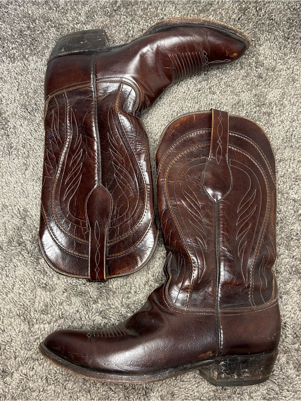 Vintage Lucchese Brown Leather Cowboy Boots Mens Almond Toe Stitch Detail 10 2E